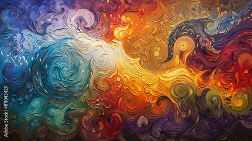 An abstract interpretation of the elements, with swirling patterns of fire, water, earth, and air converging in a harmonious dance. Each element is represented by its own unique color and texture. 