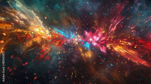 An abstract representation of a fireworks display, with bursts of colorful explosions against a dark night sky. 
