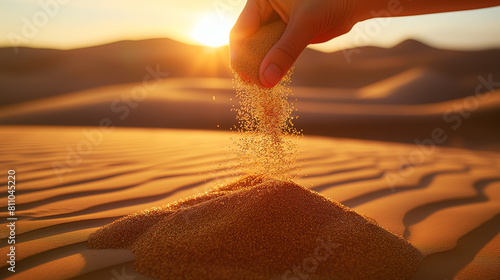 A man's hand scattering sand against the background of the rising sun, a hand scattering desert sand and sunlight