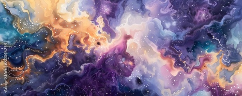 Vibrant Cosmic Nebula Teeming with Microscopic Space Plankton Forming the Base of the Galactic Food Chain in a Dreamlike Watercolor Painting