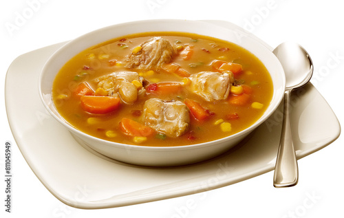 prato com sopa de frango com legumes isolado em fundo transparente - canja de galinha