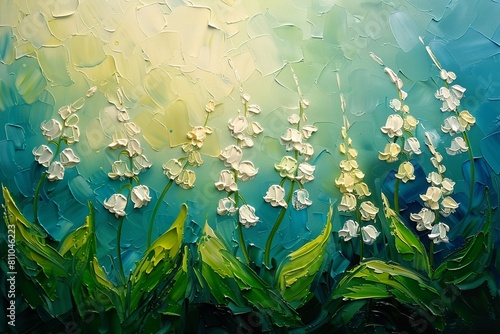 Charming and lively abstract oil painting of Lily of the Valley, crafted with a palette knife, serene atmosphere, rich texture