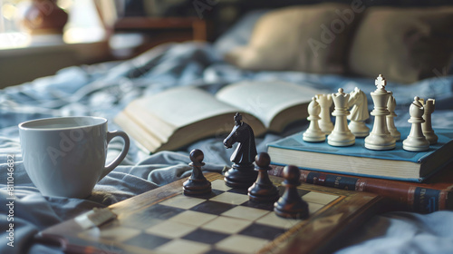 Chess board with books and cup of coffee on bed