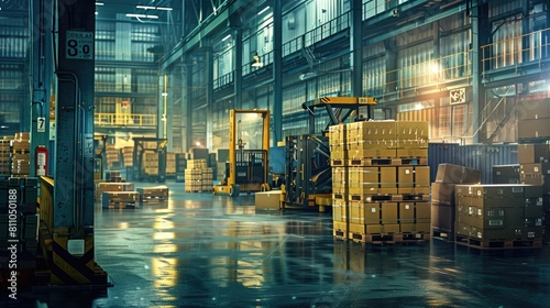a warehouse brimming with pallets of goods, prepared for delivery to customers, showcasing a variety of boxes and cardboard packaging enveloped in plastic film, visible in the background.