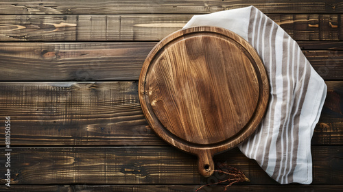 Clean napkin with cutting board on wooden background