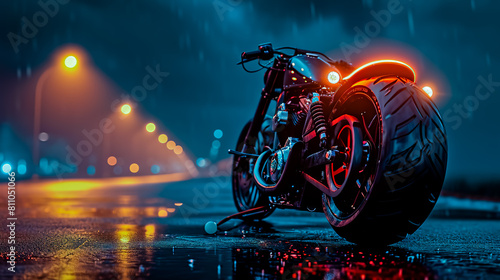 A motorcycle is parked on a wet road with lights on