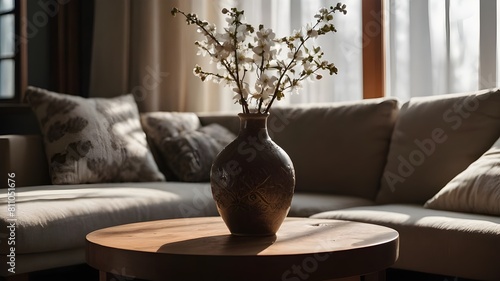Vase with blossom twig on wooden coffee table near white sofa with pillows against sunlight streaming through lace curtains