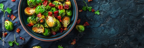 Brussels sprouts with bacon, fresh presentation, view from above, food banner with copy space for writing