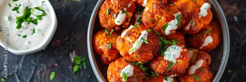 Buffalo cauliflower bites with blue cheese dressing, fresh presentation, view from above, food banner with copy space for writing