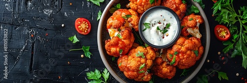 Buffalo cauliflower bites with ranch dipping sauce, fresh presentation, view from above, food banner with copy space for writing