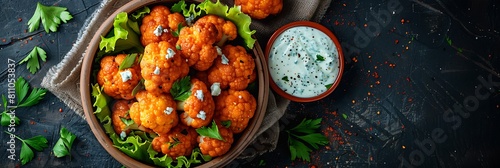 Fresh Buffalo cauliflower bites with blue cheese dressing, realistic food banner, top view with copy space