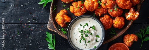 Fresh Buffalo cauliflower bites with ranch dipping sauce, realistic food banner, top view with copy space