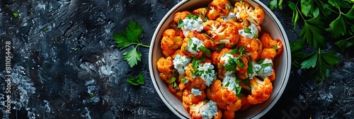 Fresh Buffalo cauliflower with blue cheese dip, realistic food banner, top view with copy space