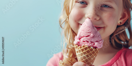 Happy child hand holding ice cream on cone 