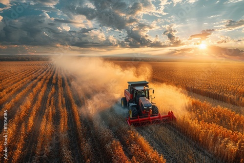 An agricultural tractor harvests ripe wheat at sunset, creating a dramatic dusty atmosphere in a vast farmland