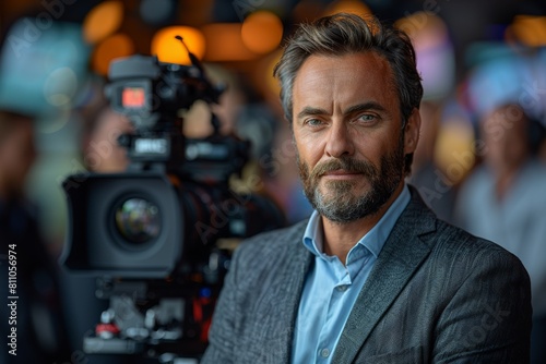 A charismatic mature man stands near film cameras, his gaze focused and serious in a studio setting