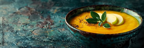 Fresh Butternut squash soup with apple and sage, realistic food banner, top view with copy space