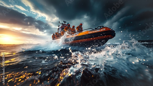 Incentive rugged high speed lifeboat with crew on the open sea at sunset, dramatic storm clouds and splashing waves.