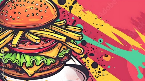 "Dynamic Fast Food Delight: A Colorful Banner Brimming with Tempting Treats and Flavorful Favorites for Every Craving!"