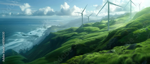 Landscape with wind turbine on green hills. Wind eco friendly power concept. Generating renewable electricity. Wind Farm. Generative ai