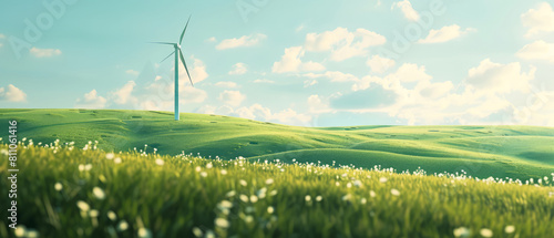 Landscape with wind turbine on green hills. Wind eco friendly power concept. Generating renewable electricity. Wind Farm. Generative ai