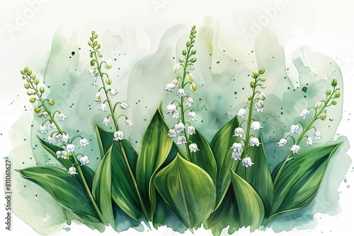 Pastel watercolor illustration of lively Lily of the Valley, hand drawn, conveying a serene nature theme, on white background