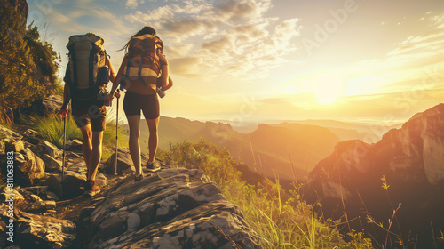 a group of tourists on a hike, going to the mountains with backpacks, forest, Expedition of pilgrims or camper, lifestyle travel, adventures