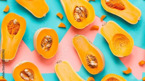 Butternut Squash slices and whole, shot from above, making a fun pattern on a bright pastel color background, magazine cover photo