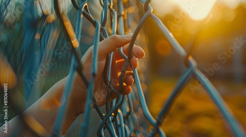 Close up of human hand holding metal chain link fence in sunset