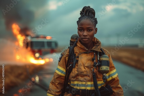 A young firefighter stands confidently with fire and a hose in the background, displaying readiness and bravery