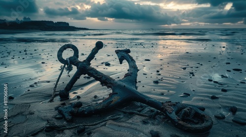 A weathered anchor rests on the sandy beach, surrounded by the gentle lapping of water. Nearby, a vibrant plant adds a touch of life to the serene scene AIG50