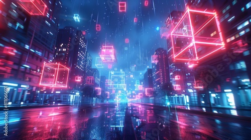 Abstract red blue neon background. Glowing linear volumetric cube in the middle of a city street under the starry night sky. Digital futuristic wallpaper.