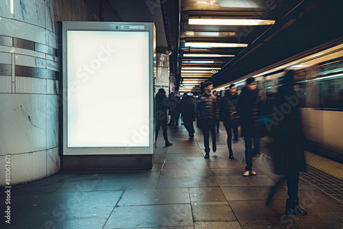 Blank advertising billboard in a subway station, amidst a bustling crowd of blurred passengers, ideal for ad mockups