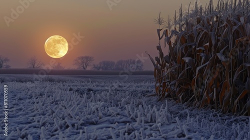The Cold Moon known as the Winter Solstice Full Moon gracefully descends over a frost covered cornfield at sunrise