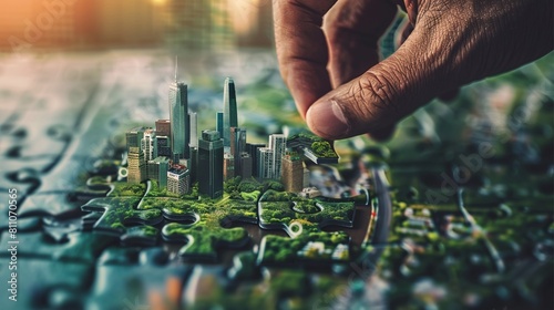 The world of sustainable urban planning with a picture of a jigsaw puzzle pieces connected by hand, illustrating the elements of a green cityscape, exemplifying a collaborative approach to eco-constru