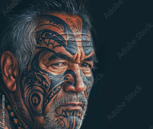 Portrait of Maori man in his 60s with facial tattoos