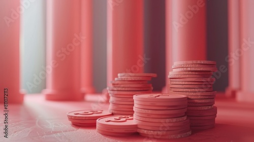 Pink shiny coins on the pink background.
