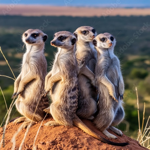 A pack of meerkats standing on lookout on top of their mound 