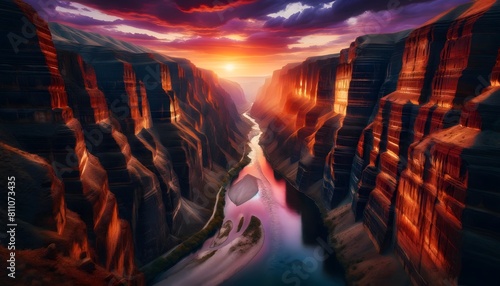 Panoramic view of a winding canyon river at sunset, flanked by steep cliff walls bathed in warm, reflective light.