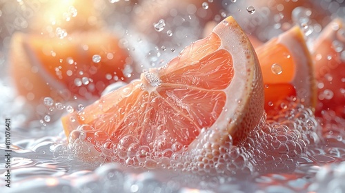  Close-up image of a cut grapefruit, revealing water droplets atop and beneath it