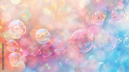 Colorful bubbles floating in the air with a beautiful bokeh background in pastel colors.