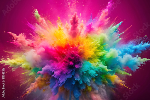 dynamic holi rainbow paint explosion vector on hot pink background