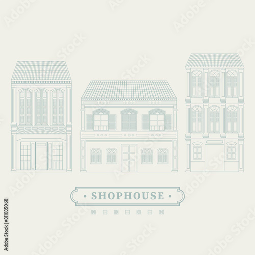 Collection set of Mnimal line vector illustration drawing of an old school heritage shophouse facade in pastel colour. For concept proposal, design, postcard, banner, social media
