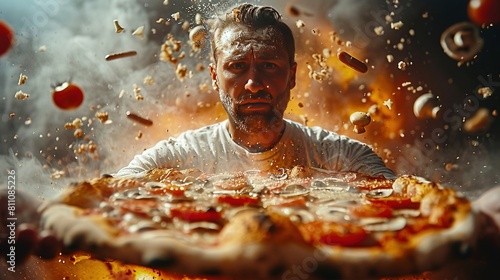  A man holding a slice of pizza topped with confetti and pepperoni