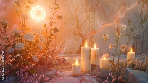 Immerse yourself in the mystical ambiance of a mesmerizing setting adorned with burning candles a radiant sun amulet shimmering crystal gemstones and delicate flowers set against a backdrop