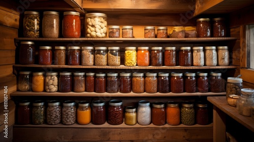 Assortment of canned preserves: fruit jam, compote, tomato paste and vegetable cans in the pantry on rustic wooden shelves, closeup, canned produce concept