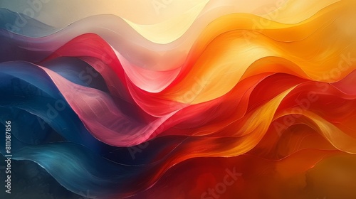 The image is a colorful abstract painting. It has a wave-like pattern and a marbled texture. The colors are vibrant and saturated. The painting has a sense of movement and energy.