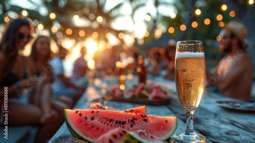 Top view: summer beer and watermelon, barbecue, party. Overlooking cozy happy summer gathering with friends enjoying beer and fruit platter in the bar. Summer party concept,Summer Beer and Watermelon 