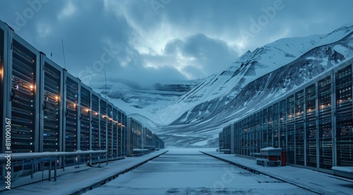 Servers in a data center with blue and red lights are lined up in a snowy mountain valley with a cloudy sky