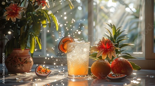  A drink perched atop a table alongside an orange-filled vase and pom poms